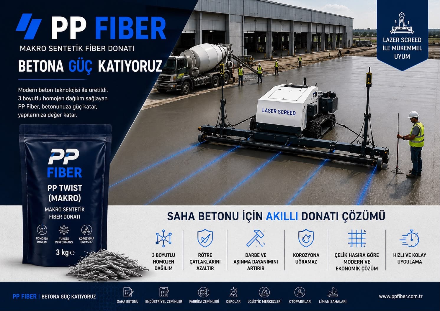 PP Fiber ve Lazer Screed ile Saha Betonu Dökümü