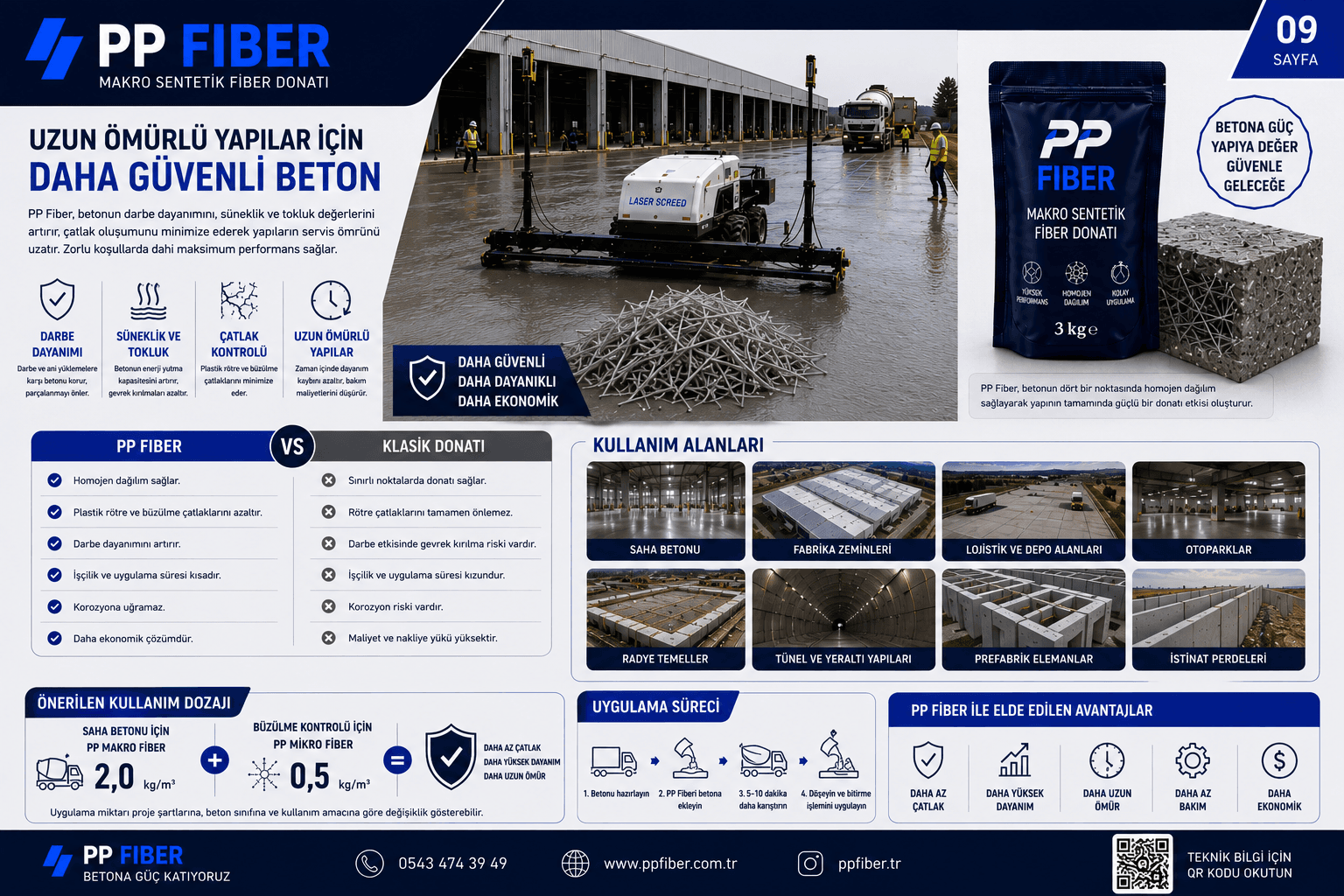 Mersin Saha Betonu ve PP Fiber Uygulamaları | Makro Sentetik Fiber Donatı Mersin; limanları, lojistik merkezleri, organize sanayi bölgeleri, fabrikaları, depolama tesisleri ve yoğun ağır araç trafiği nedeniyle geniş metrajlı saha betonu uygulamalarının önemli olduğu şehirlerden biridir. Özellikle Mersin Limanı ve çevresindeki lojistik faaliyetler, depo ve antrepolar, üretim tesisleri, açık stok alanları ve tır parkları düşünüldüğünde saha betonlarının yalnızca yüksek beton dayanımına sahip olması yeterli değildir. Bir saha betonunun uzun süreli performansında; zemin taşıma kapasitesi + beton kalınlığı + beton sınıfı + yükleme koşulları + donatı sistemi + derz planı + kür uygulaması birlikte değerlendirilmelidir. Bu noktada PP Fiber makro sentetik fiber donatı, uygun mühendislik tasarımıyla saha betonlarında çatlak kontrolü ve çatlak sonrası performansın iyileştirilmesine katkı sağlayan modern bir donatı çözümüdür. ⸻ PP Fiber Nedir? PP Fiber, polipropilen esaslı sentetik fiber donatıdır. Makro sentetik fiberler taze beton içerisine belirlenen dozajda ilave edildiğinde betonun hacmi içerisinde üç boyutlu olarak dağılır. Bu dağılım sayesinde beton içerisinde çok sayıda fiber köprüleme noktası meydana gelir. Betonun erken yaşta veya kullanım sırasında çekme gerilmelerine maruz kalmasıyla oluşabilecek çatlaklarda fiberler çatlak yüzeylerini birbirine bağlayarak çatlağın ilerlemesini ve genişlemesini sınırlandırmaya yardımcı olur. Burada önemli olan nokta, makro PP Fiber’in yalnızca “çatlak oluşmasını tamamen engelleyen” bir malzeme olarak değerlendirilmemesidir. Doğru ifade: PP Fiber, betonun çatlak kontrolüne ve çatlak sonrası yük taşıma davranışına katkı sağlayan bir donatı sistemidir. ⸻ Mersin’de Saha Betonunda PP Fiber Neden Önemli? Mersin’deki saha betonlarının önemli bir kısmı ağır kullanım koşullarına maruz kalabilir. Örneğin bir lojistik sahasında aynı beton yüzey; * Forklift, * Tır, * Kamyon, * Konteyner taşıma ekipmanları, * Paletli yükler, * Depolama yükleri tarafından tekrar tekrar yüklenebilir. Bu nedenle saha betonunun tasarımında yalnızca betonun basınç dayanımına bakılması yeterli değildir. Beton plağının yük altında davranışı, zeminin taşıma kapasitesi ve yüklerin beton üzerinde oluşturduğu gerilmeler birlikte değerlendirilmelidir. PP Fiber sistemi bu tasarımın içerisinde çatlak kontrolü ve betonun çatlak sonrası davranışının iyileştirilmesi amacıyla kullanılabilir. ⸻ Mersin’de PP Fiber Kullanılabilecek Saha Betonları Mersin’de makro sentetik fiber donatılı saha betonları özellikle aşağıdaki uygulamalarda değerlendirilebilir: 🏭 Fabrika Zeminleri Üretim tesislerinde makine, forklift ve personel trafiğinin yoğun olduğu beton zeminlerde PP Fiber sistemi kullanılabilir. 🚛 Tır ve Kamyon Sahaları Ağır araçların manevra yaptığı ve tekrarlı tekerlek yüklerinin oluştuğu sahalarda beton plağının tasarımı büyük önem taşır. 📦 Lojistik Depolar Mersin’in lojistik faaliyetleri nedeniyle depo ve dağıtım merkezlerinde geniş beton yüzeyleri bulunmaktadır. Bu alanlarda fiber donatı, doğru tasarım içerisinde değerlendirilebilir. ⚓ Liman ve Liman Çevresi Sahaları Liman çevresindeki açık stok, servis ve lojistik alanlarında yüksek kullanım yoğunluğu nedeniyle saha betonlarının performansı önemlidir. Ancak liman sahalarında kullanılacak sistem; yük sınıfları, zemin koşulları ve çevresel etkiler dikkate alınarak özel olarak tasarlanmalıdır. 🏗️ Açık Stok Sahaları Çelik, boru, yapı malzemeleri, paletli ürünler ve çeşitli endüstriyel malzemelerin depolandığı açık sahalarda PP Fiber sistemi değerlendirilebilir. 🏢 Organize Sanayi Bölgeleri Mersin ve çevresindeki sanayi bölgelerinde bulunan fabrikalar ve üretim tesislerinde yüksek metrajlı saha betonları için makro sentetik fiber çözümleri uygulanabilir. ⸻ PP Fiber Beton İçerisinde Nasıl Çalışır? Beton sertleşme sürecinde hacimsel değişimlere uğrar. Su kaybı, sıcaklık değişimi ve rötre nedeniyle beton içerisinde çekme gerilmeleri oluşabilir. Betonun çekme kapasitesinin aşılması durumunda çatlak meydana gelir. Makro PP Fiberler beton içerisinde dağıldığında çatlak oluşan bölgelerde fiberler çatlağı köprülemeye yardımcı olur. Basitleştirilmiş mekanizma: Çekme gerilmesi ↓ Çatlak başlangıcı ↓ Fiberlerin çatlağı köprülemesi ↓ Çatlak ilerlemesinin sınırlandırılması ↓ Çatlak sonrası performansa katkı Bu nedenle makro fiberlerin performansı yalnızca fiberin çekme dayanımıyla değerlendirilmemelidir. Fiberin beton içerisindeki çatlak sonrası residual performansı ve ilgili deney sonuçları da dikkate alınmalıdır. ⸻ PP Fiber Dozajı Nasıl Hesaplanır? Fiber dozajı genellikle kg/m³ olarak ifade edilir. Örneğin proje için 3 kg/m³ dozaj öngörüldüğünü varsayalım. 500 m³ beton için: Fiber miktarı = Beton hacmi × Fiber dozajı 500 × 3 = 1.500 kg Yani yaklaşık: 1,5 ton PP Fiber gerekecektir. Ancak burada önemli bir mühendislik prensibi vardır: 3 kg/m³ her proje için standart dozaj değildir. Fiber miktarı; * Beton kalınlığı, * Zemin taşıma kapasitesi, * Zemin yatak katsayısı, * Beton sınıfı, * Forklift yükü, * Tır/kamyon yükü, * Tekerlek yükü, * Derz aralığı, * Saha geometrisi, * Kullanım amacı, * İstenen performans seviyesi gibi parametrelere göre belirlenmelidir. Dolayısıyla “Mersin’de saha betonunda kaç kg fiber kullanılır?” sorusunun tek bir cevabı yoktur. Doğru cevap proje verileri üzerinden yapılan mühendislik değerlendirmesidir. ⸻ Saha Betonunda Zemin Neden Bu Kadar Önemli? Beton plağı zeminden bağımsız çalışmaz. Beton üzerine gelen yükler zemine aktarılır. Bu nedenle iyi bir saha betonunda yalnızca betonun C30, C35 veya C40 olması yeterli değildir. Örneğin; İyi sıkıştırılmış zemin + doğru kalınlık + uygun beton + doğru fiber dozajı ile zayıf zemin + yüksek beton dayanımı aynı performansı göstermeyebilir. Bu nedenle saha betonundan önce zemin; * Sıkıştırma, * Taşıma kapasitesi, * Oturma riski, * Yataklanma koşulları açısından değerlendirilmelidir. ⸻ Mersin İkliminde Kür Uygulamasının Önemi Mersin’de sıcak ve güneşli hava koşullarında beton yüzeyindeki suyun hızlı kaybedilmesi önemli bir risk oluşturabilir. Özellikle yaz aylarında; yüksek sıcaklık + güneş + rüzgâr + düşük bağıl nem beton yüzeyindeki buharlaşmayı artırabilir. Bu durum plastik rötre riskini yükseltebilir. PP Fiber kullanılması bu riski tamamen ortadan kaldırmaz. Bu nedenle fiber uygulamasına mutlaka; doğru kür + doğru yüzey işlemi + uygun döküm zamanı + kontrollü beton serimi eşlik etmelidir. ⸻ PP Fiber ile Çelik Hasır Arasındaki Fark Çelik hasır düzlemsel bir donatı sistemidir. PP Fiber ise betonun hacmi içerisinde dağılan üç boyutlu bir fiber donatı sistemidir. Çelik hasır uygulamasında; * Hasırın taşınması, * Sahaya serilmesi, * Bindirme yapılması, * Sehpa veya mesnetlerle uygun kotta tutulması gibi uygulama adımları bulunur. Fiber sisteminde ise fiber beton içerisine karıştırılır ve betonun tamamına dağıtılır. Bu durum özellikle geniş metrajlı saha betonlarında uygulama organizasyonu ve işçilik açısından avantaj sağlayabilir. Ancak PP Fiber’in çelik hasırın yerine kullanılıp kullanılamayacağı proje özelinde mühendislik hesabıyla belirlenmelidir. Her iki sistemin doğrudan kg/kg veya fiyat/fiyat karşılaştırması teknik olarak doğru değildir. ⸻ Mersin’de PP Fiber Saha Betonu Uygulama Süreci Profesyonel bir saha betonunda süreç yalnızca betonun dökülmesinden ibaret değildir. 1. Zemin Hazırlığı Zemin uygun şekilde tesviye edilir ve sıkıştırılır. 2. Proje Kontrolü Beton kalınlığı, derz planı, yükler ve saha geometrisi kontrol edilir. 3. Fiber Dozajının Belirlenmesi Proje kriterlerine göre uygun fiber tipi ve dozajı belirlenir. 4. Betonun Hazırlanması PP Fiber beton içerisine kontrollü şekilde ilave edilir ve homojen karışım sağlanır. 5. Beton Serimi Beton saha içerisinde proje kotlarına uygun şekilde serilir. 6. Mastarlama ve Yüzey Tesviyesi Beton yüzeyi uygun ekipmanlarla tesviye edilir. 7. Perdah Yüzeyin kullanım amacına göre uygun perdah işlemi gerçekleştirilir. 8. Kür Beton yüzeyinin hızlı su kaybetmesini önlemek için uygun kür yöntemi uygulanır. 9. Derz Kesimi Proje ve beton koşullarına göre derzler zamanında oluşturulur. ⸻ PP Fiber Kullanımının Ekonomik Boyutu Saha betonunda donatı seçimi yalnızca malzeme fiyatı üzerinden yapılmamalıdır. Toplam maliyet; malzeme + işçilik + taşıma + serim + uygulama süresi + ekipman + şantiye organizasyonu olarak değerlendirilmelidir. Çelik hasır kullanılan sistemlerde hasırın sahaya taşınması, serilmesi ve doğru konumda tutulması için ilave işçilik ve ekipman gerekebilir. PP Fiber sisteminde ise fiber beton içerisine karıştırıldığı için donatının ayrıca serilmesi gerekmeyebilir. Bu nedenle yüksek metrajlı projelerde fiber sisteminin toplam uygulama maliyeti üzerinden değerlendirilmesi daha doğru sonuç verir. ⸻ Mersin’de PP Fiber ile Saha Betonu İçin Mühendislik Yaklaşımı Bir saha betonunun tasarımında aşağıdaki verilerin tamamı değerlendirilmelidir: Beton kalınlığı Beton sınıfı Zemin taşıma kapasitesi Zemin yatak katsayısı Sabit yükler Hareketli yükler Forklift tekerlek yükleri Ağır araç yükleri Derz aralıkları Çevre koşulları Fiber performans değerleri Bu veriler kullanılarak beton plağında oluşabilecek eğilme ve çekme gerilmeleri incelenebilir. Fiber tasarımında ise ürünün yalnızca kilogram miktarı değil, çatlak sonrası residual dayanım ve performans değerleri dikkate alınmalıdır. Bu nedenle profesyonel bir PP Fiber saha betonu uygulamasında: “Kaç kg fiber kullandık?” sorusundan daha önemli olan soru: “Bu fiber dozajı hangi yük, zemin ve performans kriterlerine göre belirlendi?” sorusudur. ⸻ Mersin Saha Betonu İçin Sonuç Mersin’de liman, lojistik, fabrika, depo, OSB ve açık stok sahalarının gelişmesiyle birlikte yüksek performanslı saha betonlarına duyulan ihtiyaç da artmaktadır. PP Fiber makro sentetik fiber donatı, doğru mühendislik tasarımı ve doğru uygulama ile saha betonlarında çatlak kontrolüne, sünekliğe ve çatlak sonrası davranışa katkı sağlayan modern bir çözümdür. Ancak kaliteli bir saha betonu yalnızca fiber kullanımıyla oluşmaz. Başarılı bir sistem: Doğru zemin Doğru beton kalınlığı Doğru beton sınıfı Doğru fiber tipi Doğru fiber dozajı Doğru derz planı Doğru kür Doğru saha uygulaması bütününden oluşur. Mersin’de fabrika, depo, lojistik merkezi, tır sahası, açık stok alanı veya endüstriyel zemin projesi planlanıyorsa, PP Fiber sistemi proje yükleri ve zemin koşulları dikkate alınarak mühendislik esasları doğrultusunda değerlendirilebilir. PP FIBER Betona Güç Katıyoruz. SEO Anahtar Kelimeler Mersin saha betonu, Mersin PP Fiber, Mersin fiber donatı, Mersin makro sentetik fiber, Mersin makro fiber, Mersin fabrika betonu, Mersin endüstriyel zemin, Mersin liman saha betonu, Mersin lojistik saha betonu, Mersin OSB saha betonu, Mersin tır sahası betonu, PP Fiber saha betonu, makro sentetik fiber donatı, polipropilen fiber beton, fiber donatılı beton.
